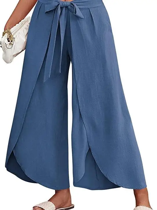 Bohemian Style Women's Wide Leg Pants Spring Summer Cross-Border Floral Print with Belt Mid-Waist Long Skirt Pants