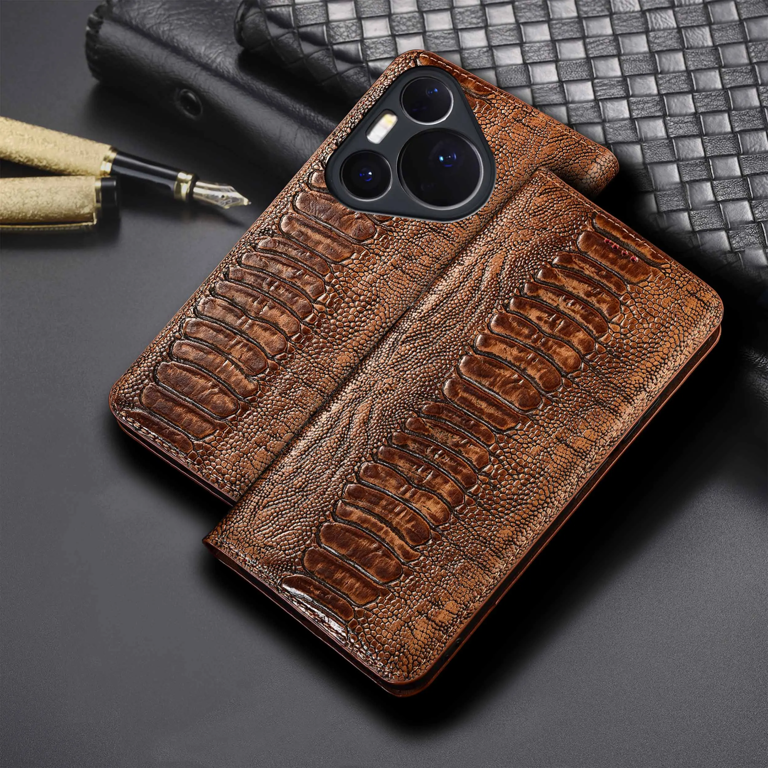 

For Huawei P30 P40 P50 P50E P60 Pura 70 80 Pro Plus Ultra Lite Art Ostrich Feet Pattern Of Genuine Leather Flip Phone Cover Case
