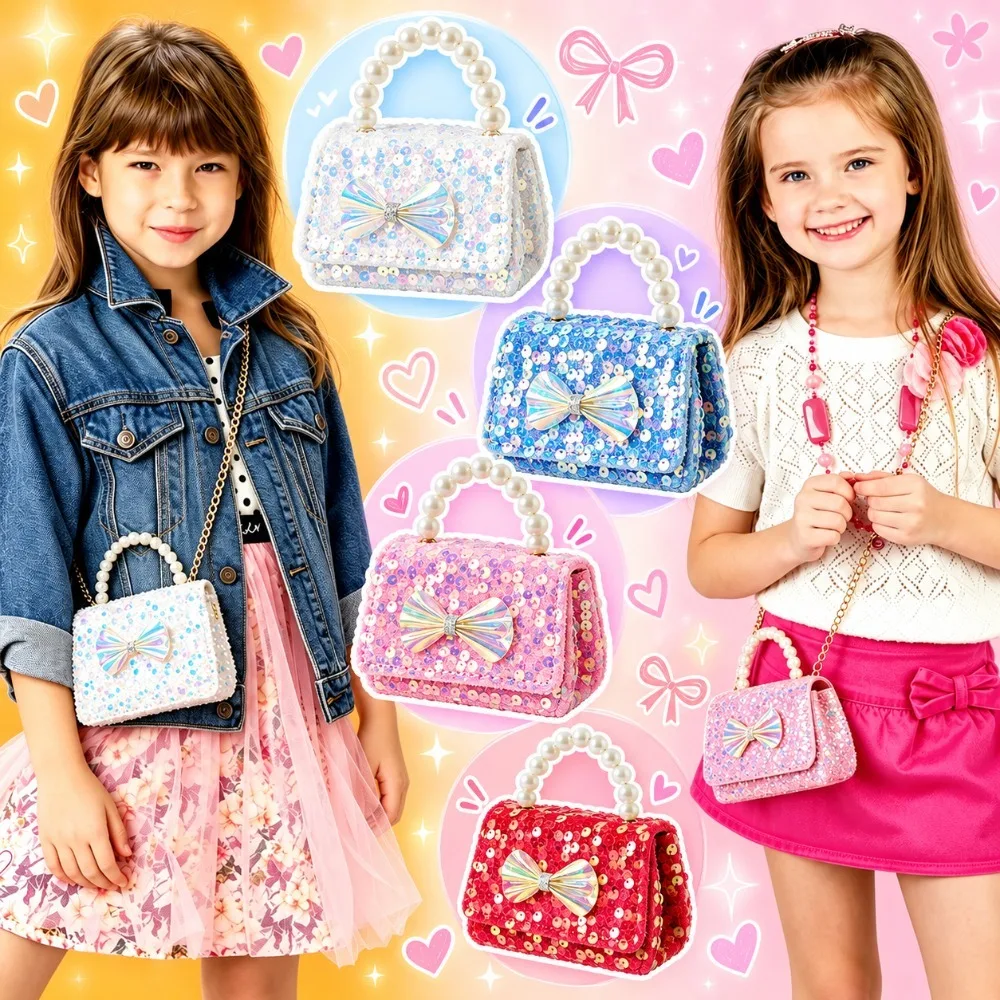 Stylish Sequin Princess Crossbody Bag Bowknot Glitter Girls Purse Detachable Strap Pearl Handle Handbag