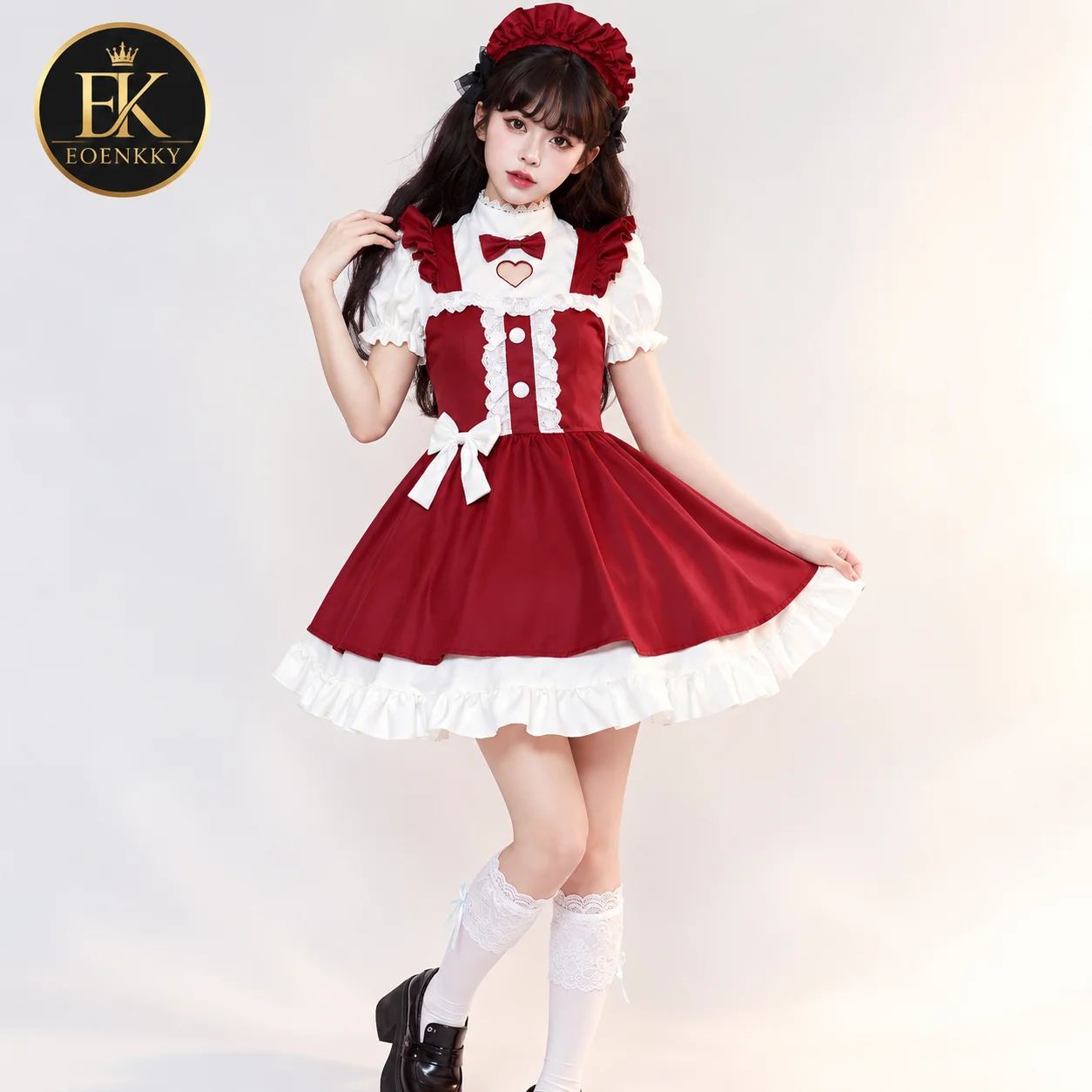 Sweet Lolita Dress Women Japanese Kawaii Maid Costume Anime Cosplay Dress Red White Ruffle Princess Party Outfit