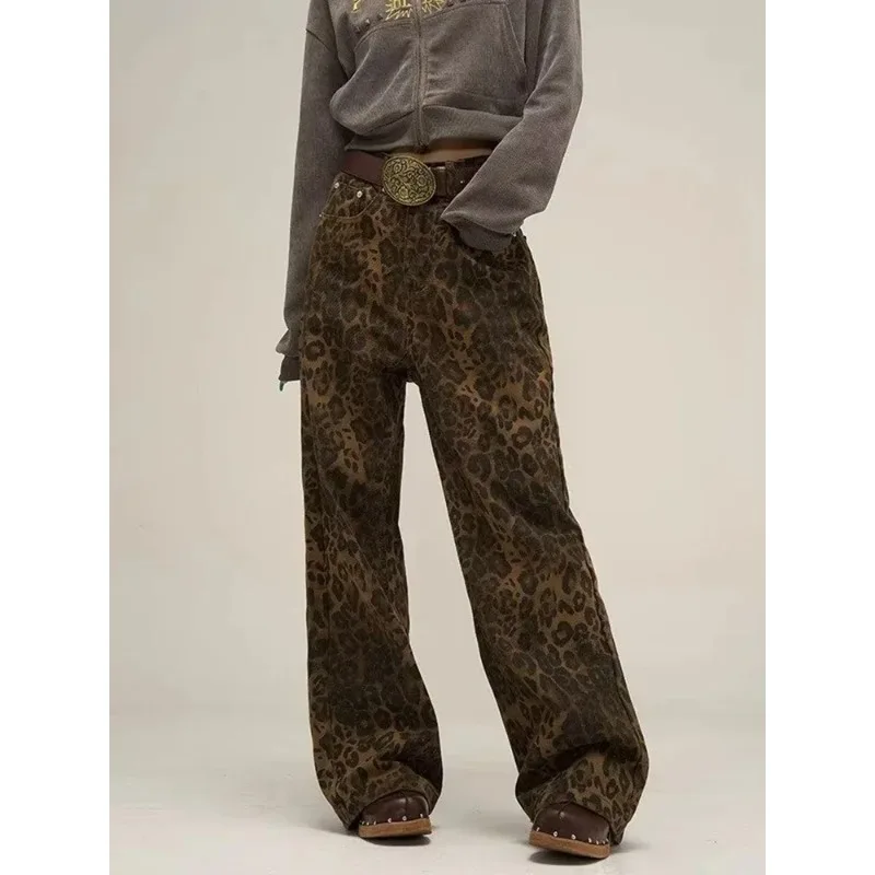 Pantalones vaqueros de leopardo bronceado para mujer, pantalones de mezclilla femeninos de gran tamaño, pantalones de pierna ancha, ropa de calle,