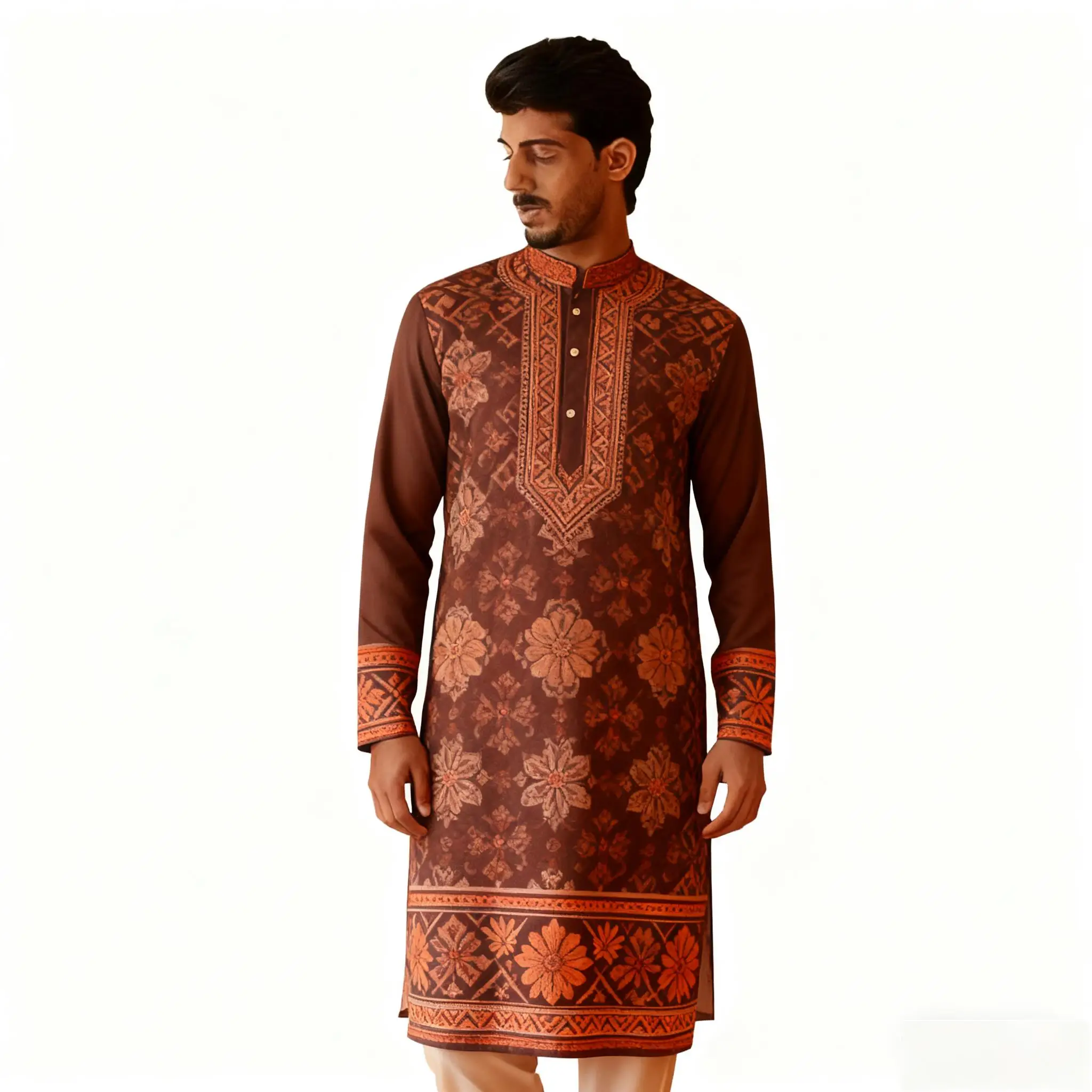 Caftan muçulmano dubai masculino robe de manga comprida estilo étnico 2026 gola roupas árabes dubai marroquino kaftan
