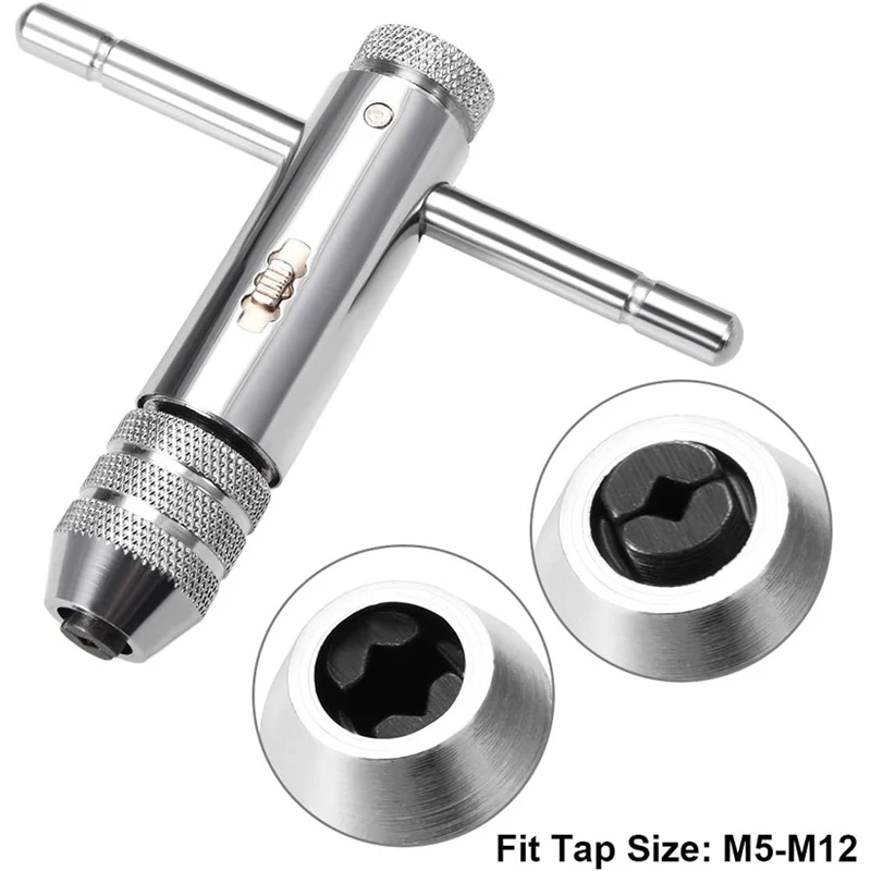 Llave de soporte de grifo de trinquete con mango en T plateado ajustable para M3-M8 3mm-8mm rosca de tornillo de máquina enchufe métrico grifo en forma de T