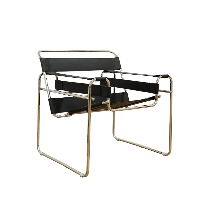 Sillón tubular de acero Medieval de cuero negro, diseño Bauhaus, sillón moderno de lujo, asiento con suspensión