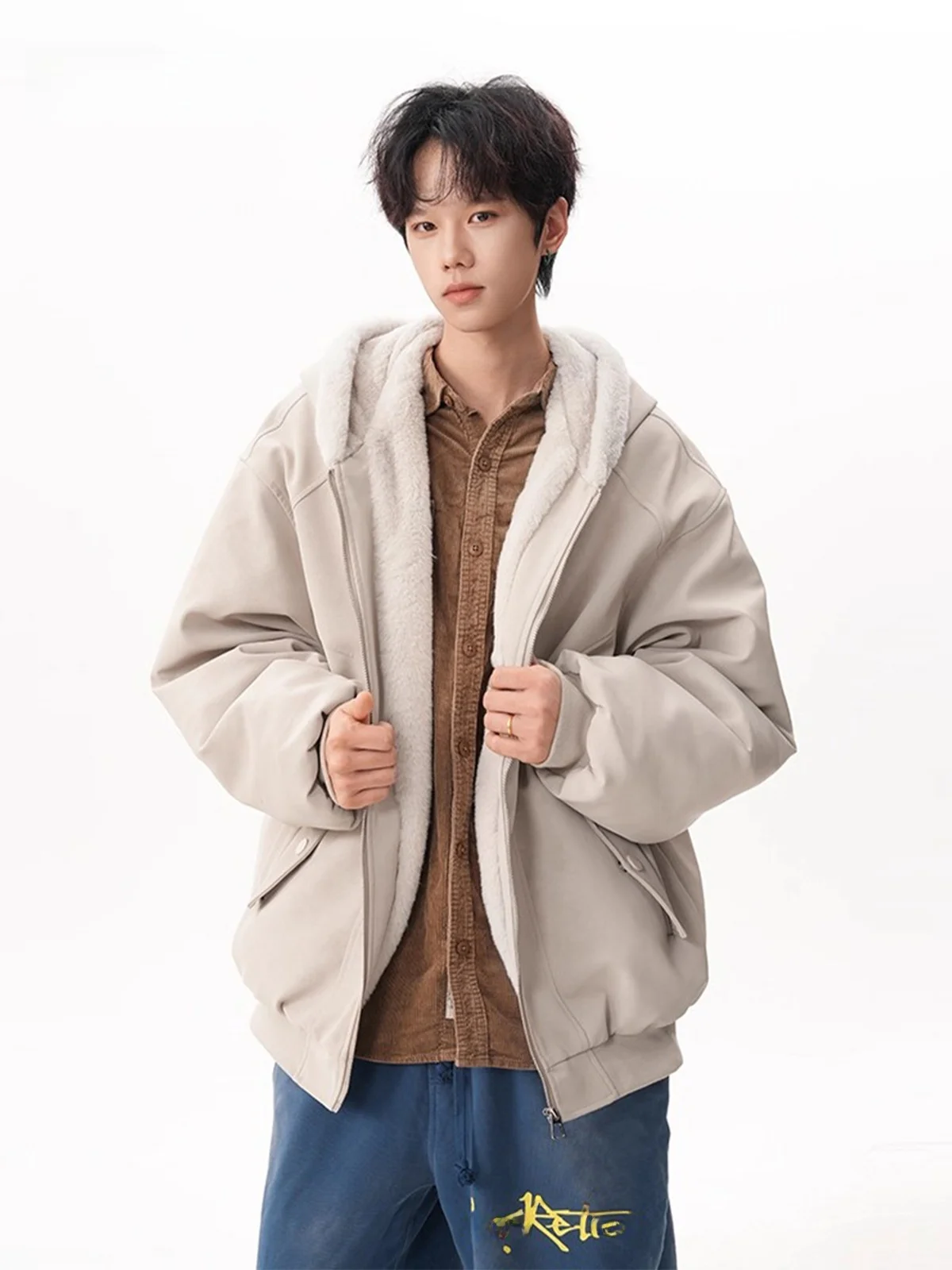 

Мужская хлопковая куртка с капюшоном на подкладке из американского кроличьего меха в стиле ретро, зимнее теплое хлопковое пальто Qingtai, верхняя одежда, повседневная одежда