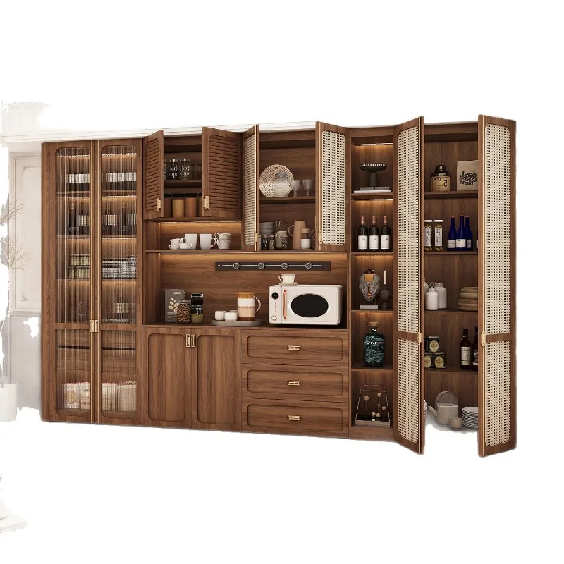 Rattan sideboard, eco-friendly European pine board, integrated display cabinet for tea storage and display in home dining rooms