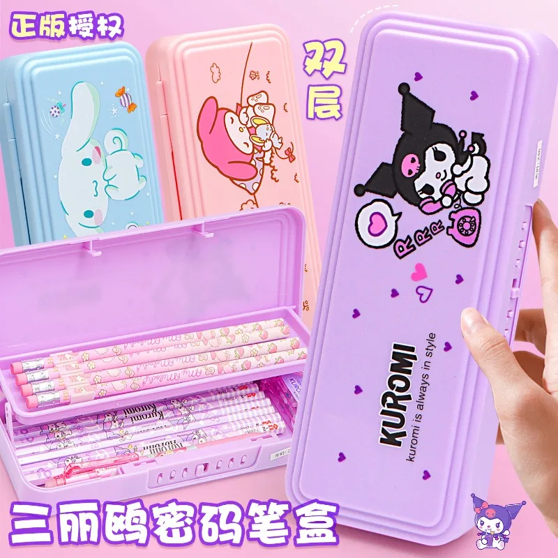 

Cute Kawaii Sanrio Pencil Case with Password Lock, Double-layer Plastic Student Stationery Box, Versatile KUROMI Pencil Case