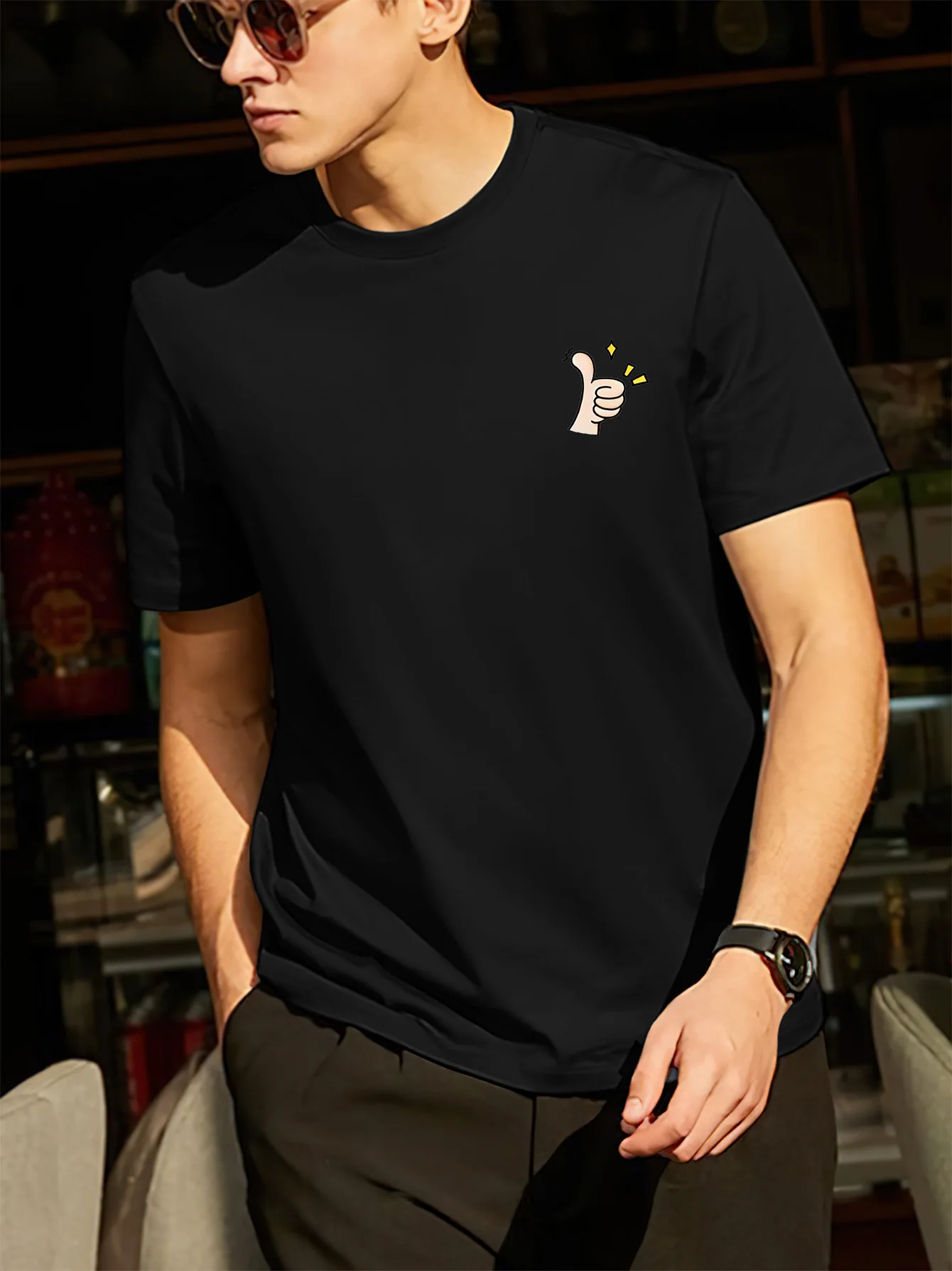 Minimalist Men's Black Graphic T-Shirt Small Thumbs up Hand Sign Chest Icon Simple Symbol Print 100% Cotton Heavyweight Short Sleeve Casual Streetwear Tee