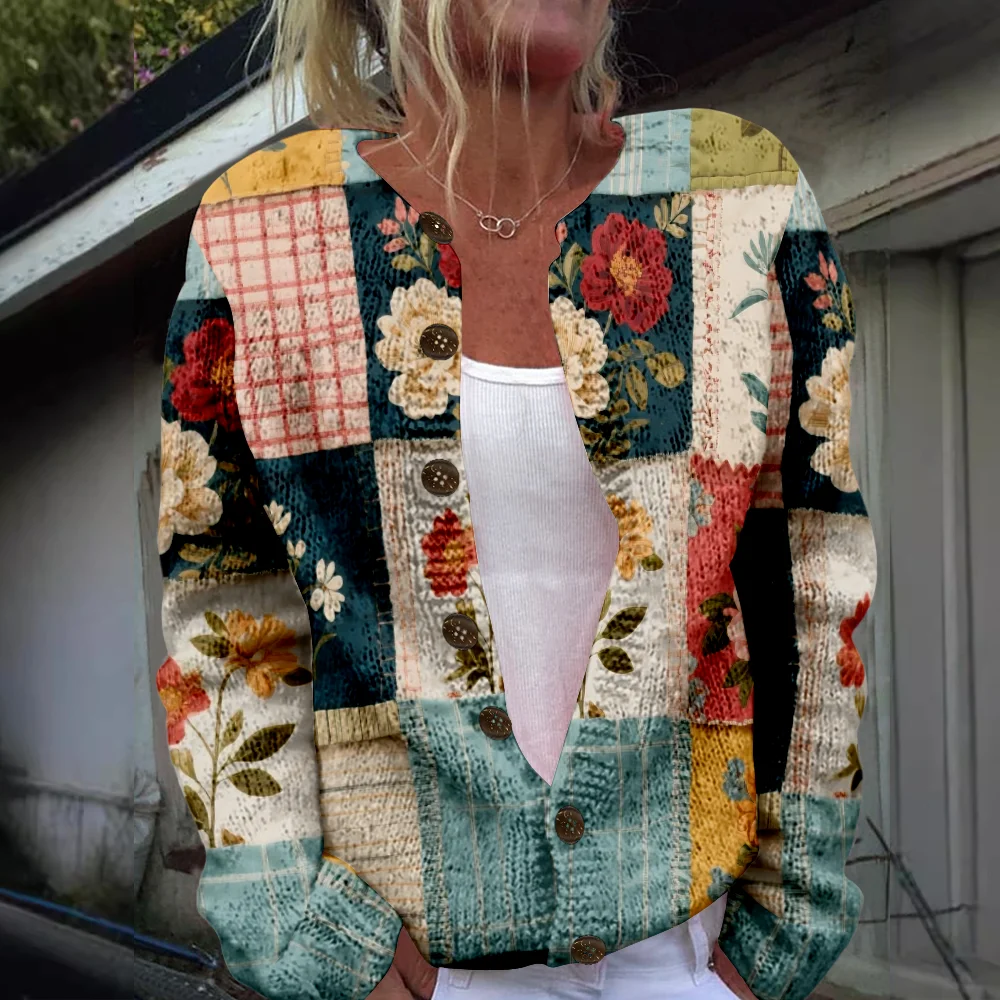 

Осень-зима вязаный клетчатый кардиган с цветочным принтом, повседневный свитер, уличная одежда, женские свитера, вязаный топ, крутые джемперы, модные
