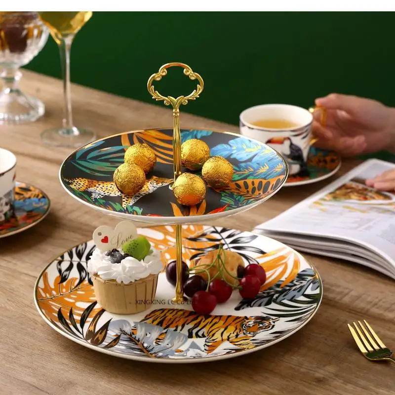 Nordic Light Luxury Cake Stand Double Fruit Plate Fantasy Jungle Animal Tray Household Dim Sum Candy Ceramic Tableware