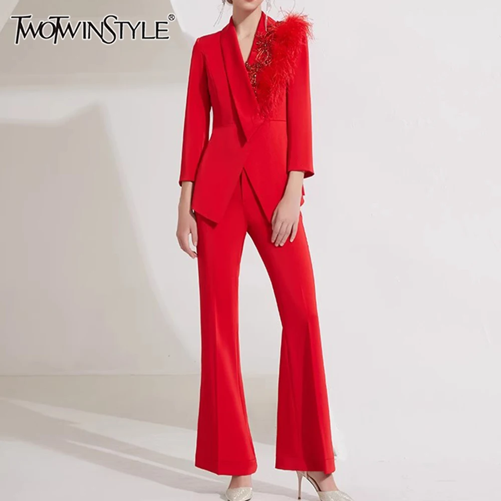 

TWOTWINSTYLE однотонные утягивающие комплекты из двух предметов для женщин с v-образным вырезом и длинными рукавами, блейзер с перьями, комплект брюк с высокой талией, женский новый