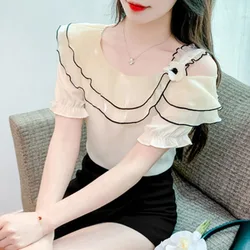 2024 Summer Off Shoulder Patchwork Ruffles Slash Neck Tie Flowers Short Sleeve Pullover Shirt Women's Loose Chic Chiffon Blouses