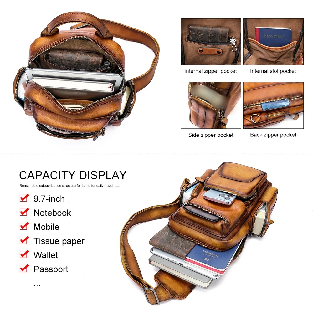 New Luxury Retro Genuine Leather Men\'s Chest Bag Tree Cream Leather Color Rubbed Casual One Shoulder Crossbody Bags