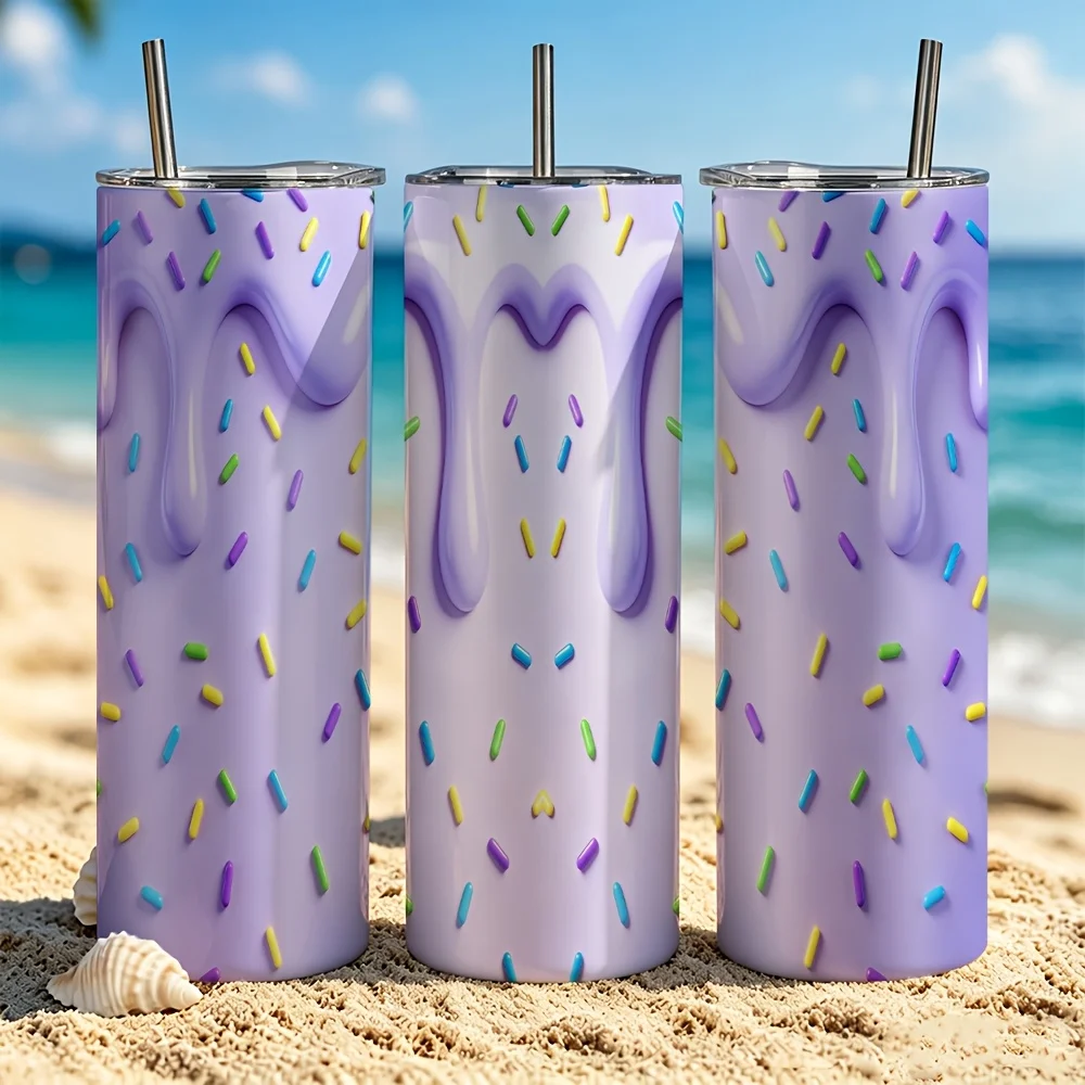 1pc/20Oz/590Ml/Double Wall Stainless Steel Insulated Skinny Tumbler with Straw And Lid, Outdoor Travel Coffee Mug, Light Purple Drizzle Pattern with Colorful Sprinkles, Festive Gift Option, Warm Gifts for Family And Friends, Summer Party Gifts