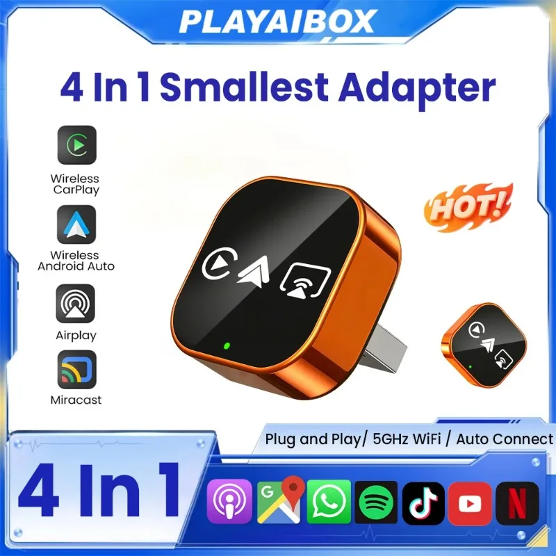 

2026 4-в-1 Новый Усовершенствованный Адаптер Carplay Беспроводной Android Auto Mirror Link Smart Mini AI Box USB Plug and Play Автоматическое подключение по Wi-Fi