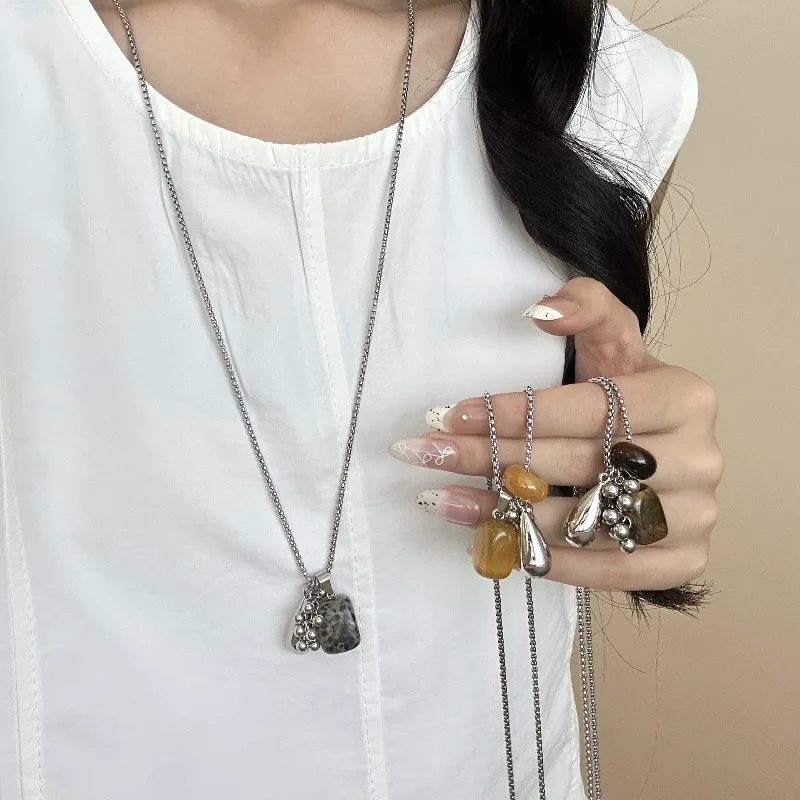 

Minar Trendy Candy Color Natural Stone Grape Strand Water Drop Tassel Pendant Necklaces for Women Silver Plated Box Chain Choker