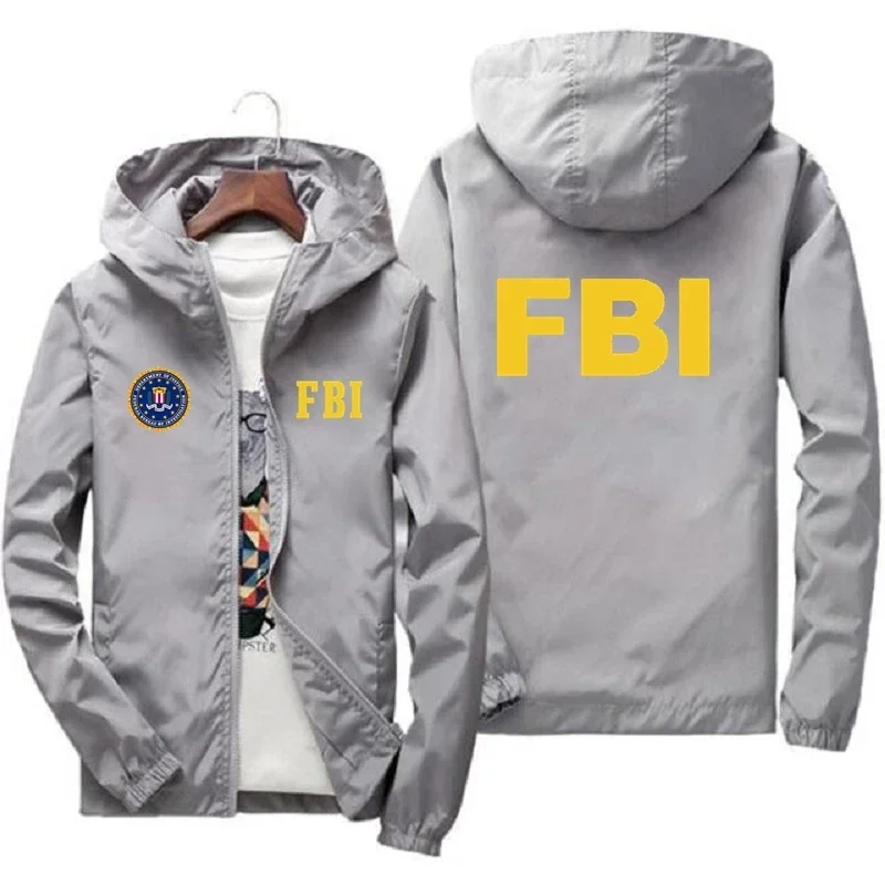 New men's fashion spring and autumn casual jacket, FBI printed high quality hooded sweatshirt windproof waterproof jacket