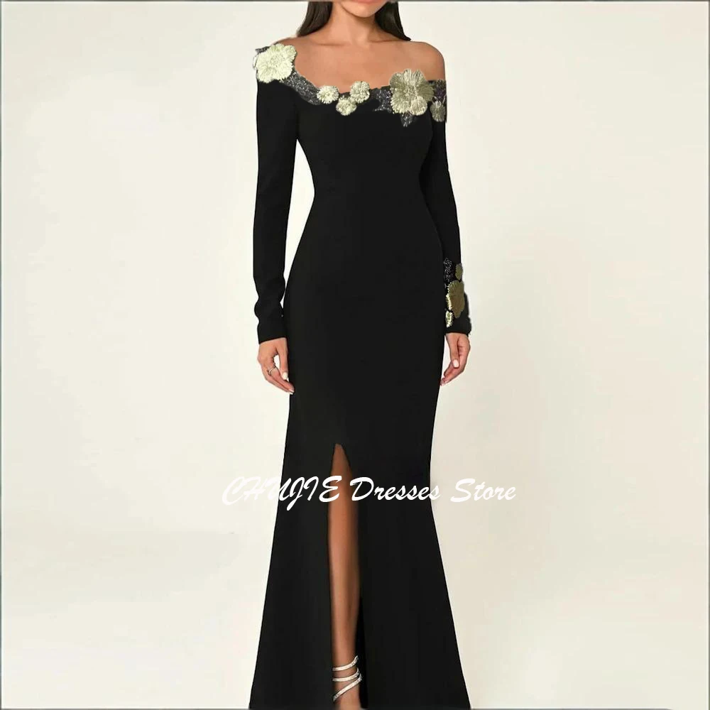 

Elegant Black Mermaid Evening Dress Embroidery Long Sleeves Prom Party Dresses Floor Length Dubai Robe Women Evening Gala Dress