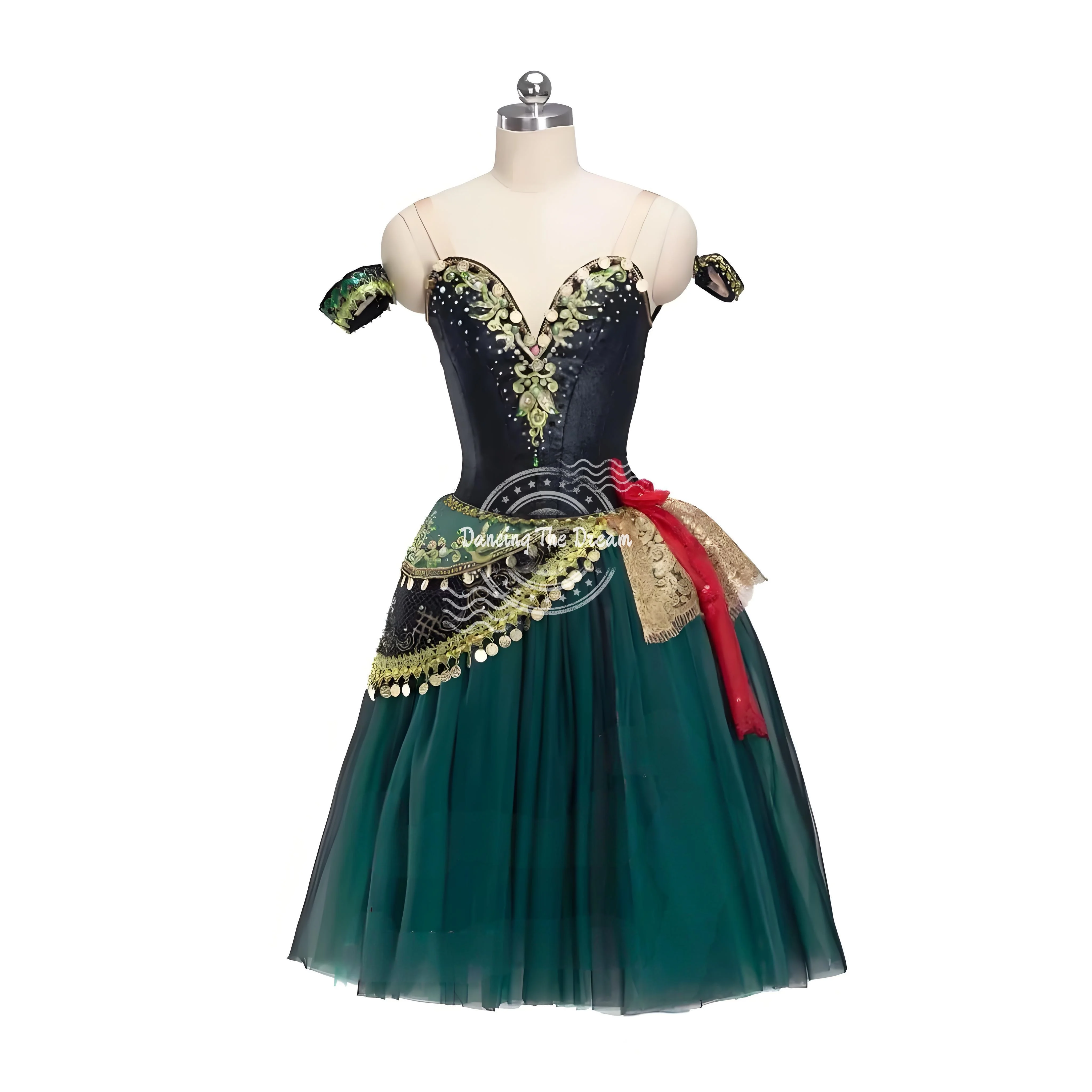 

Exotic Embroidered Coin - Decorated Ballet Dress Shimmering Dark Green Mesh Ballet Dress