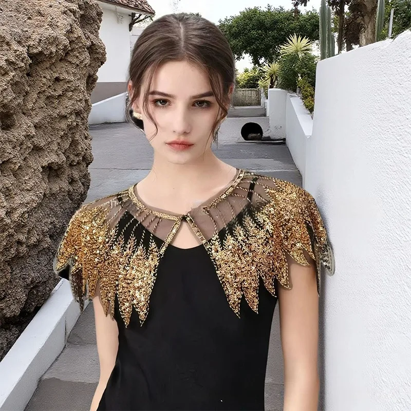 레트로 스타일 볼룸 이브닝 가운 액세서리 스팽글 숄 스팽글 비즈 자수 어깨에 걸치는 드레이프