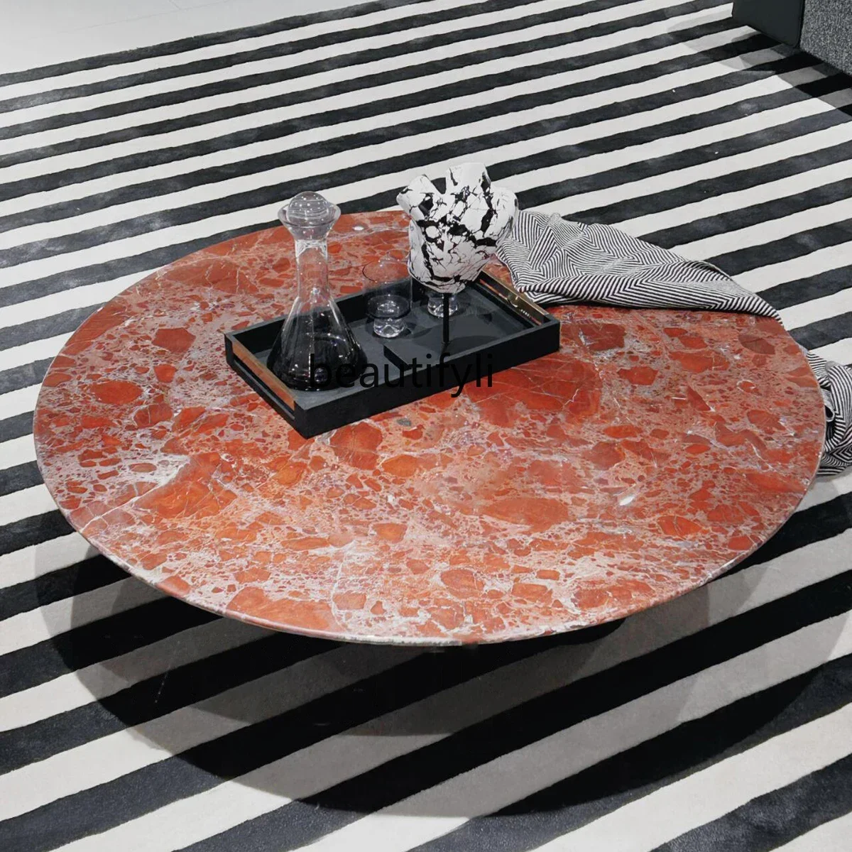 

Italian light luxury natural purple red marble round coffee table, villa luxury stone coffee table B3