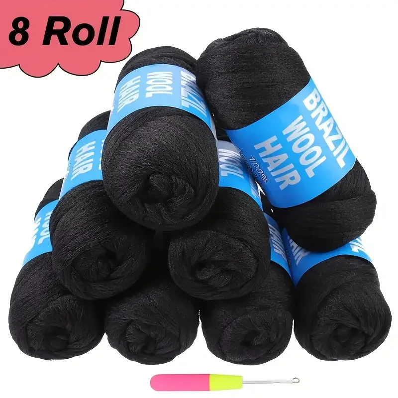 8 Roll Natural Black Brazilian Wool Hair Yarn for Hair Braiding Crochet Hair Senegalese Twisting African Braids Synthetic Hair