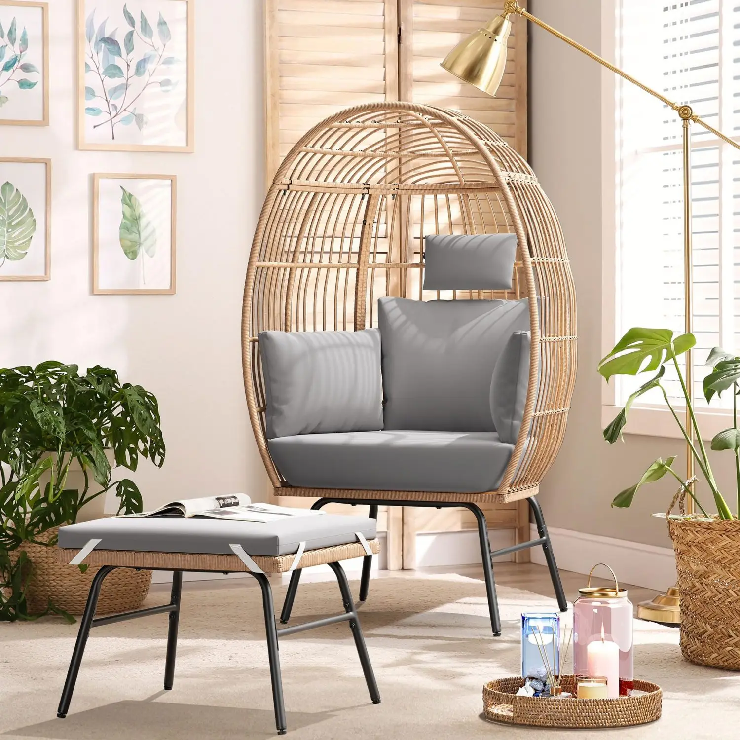 

Outdoor Garden Wicker Egg Chair And Footstool Patio Chaise, With Cushions, Outdoor Indoor Basket Chair