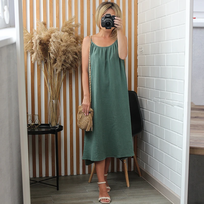Muslin 100% Cotton Summer Dress Sexy Loose Green Dress Sleeveless Maix Long Dress Sexy Women\'s Summer Suit Daily Casual Sundress