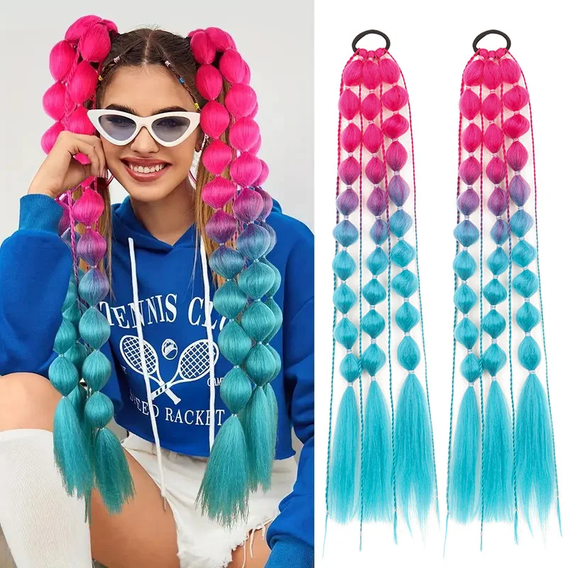 

2Pcs Synthetic Yaki Long Straight Bubble Braid Ponytail Hair Extension Gradient Colorful Ombre Hair Accessories