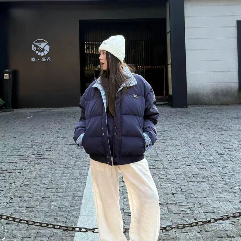 Preppy الأزرق منقوشة الربط سترة القطن النساء الشتاء الكورية نمط كلية دافئة فضفاضة الباردة برهان الأزرق سميكة معطف طويل الأكمام