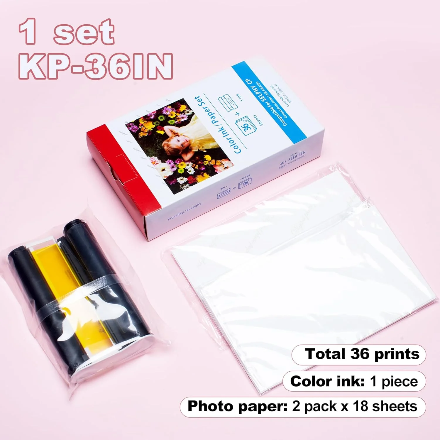 Compatible for Canon Selphy CP1300 CP1200 CP1000 CP910 Ink Cassette for Selphy CP1500 Photo Paper Set Printer KP108IN 6 Inch
