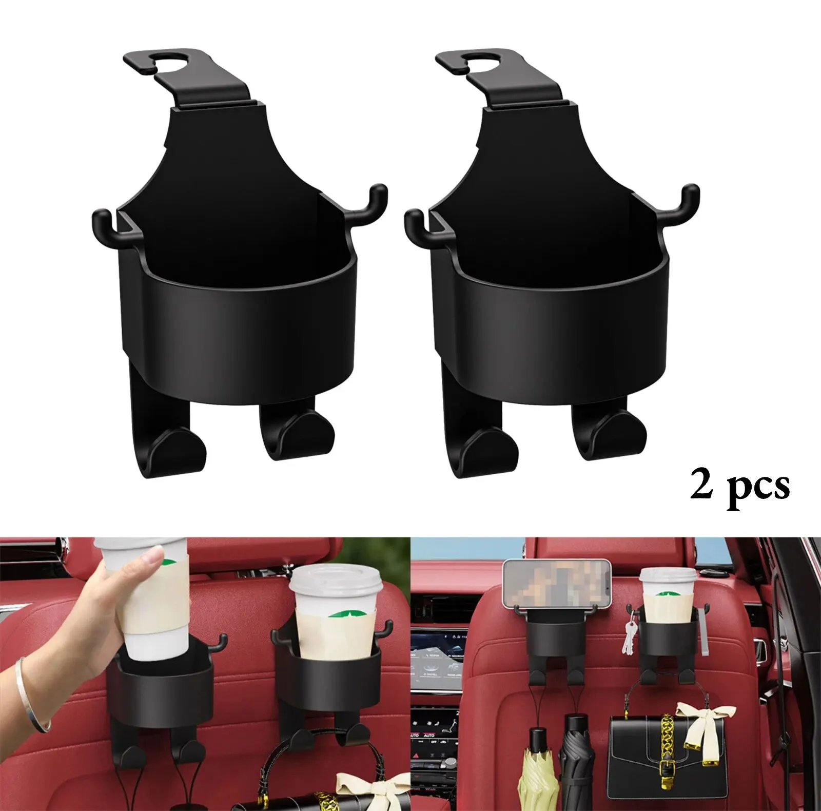 2Pcs Car Seat Headrest Hook Hanger Storage Organizer Universal with Cup Holder for Handbag Fit Universal Vehicle Car Accessories