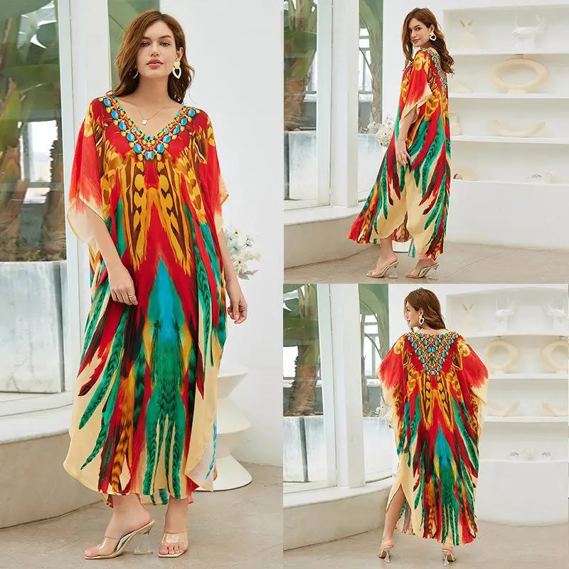 Loose V-neck Women's Kaftan Beach Dress Bohemian Butterfly Printed Comfy Beach Robe Wrap Beach Wear Bikini Cover Up