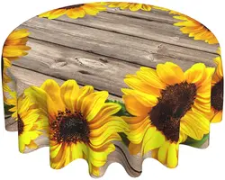 Table Cloth Round 60 Inch Autumn Sunflower on Rustic Wood Grain Tablecloth Waterproof Washable Table Cover for Outdoor Intdoor