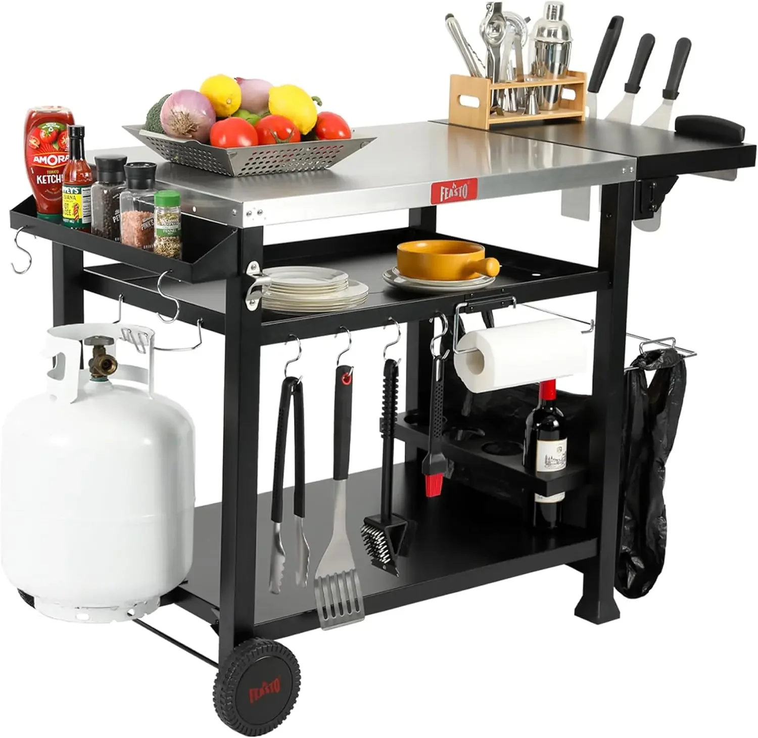 -Shelf Movable Food Prep and Work Cart Table, Home and Outdoor Multifunctional Stainless Steel Table Top Worktable on Two W