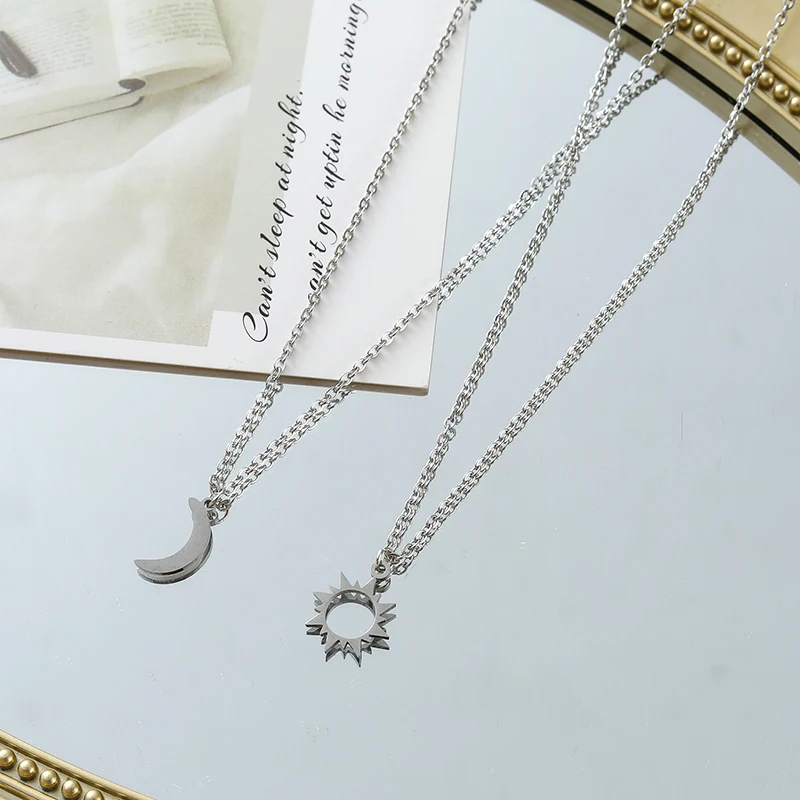 2 Pcs/Set Stainless Steel Silver Color Sun Moon Necklace For Best Friends Friendship Jewelry Gifts