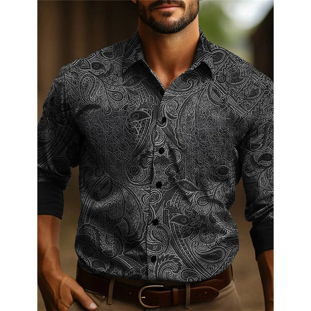 Men\'s long-sleeved shirt Four seasons casual lapel button down shirt Men\'s denim retro ethnic totem style breathable soft shirt