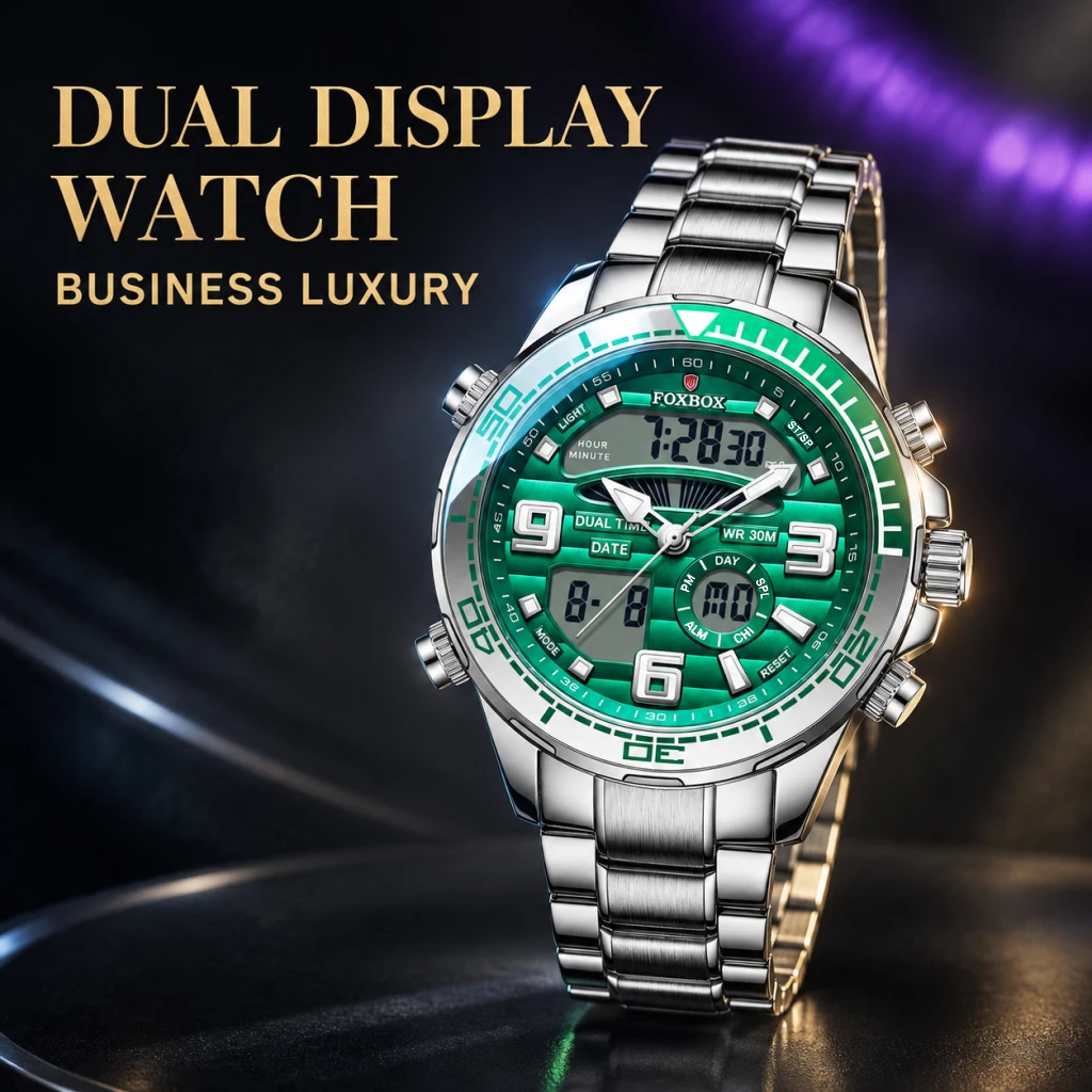 FOXBOX Man Electronic Watch Fashion Luxury Dual Time Display Quartz Men's Watches Alarm Waterproof Luminous Digital Wristwatches