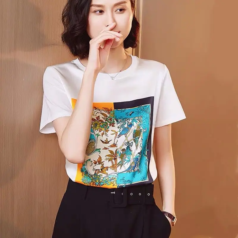 2024 New Casual Solid Color Interior Lapping Ladies Fashion Short Sleeve Tops Office Lady Printing Pullovers Summer T-Shirts