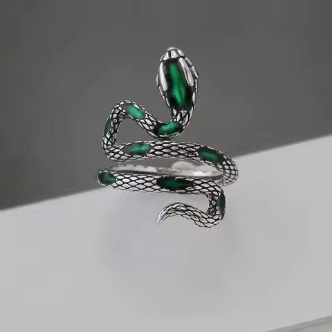 925 Sterling Silver Rings For Women Vintage Handmade Adjustable Retro Green Snake Ring Fashion Band Female Bijoux Gift