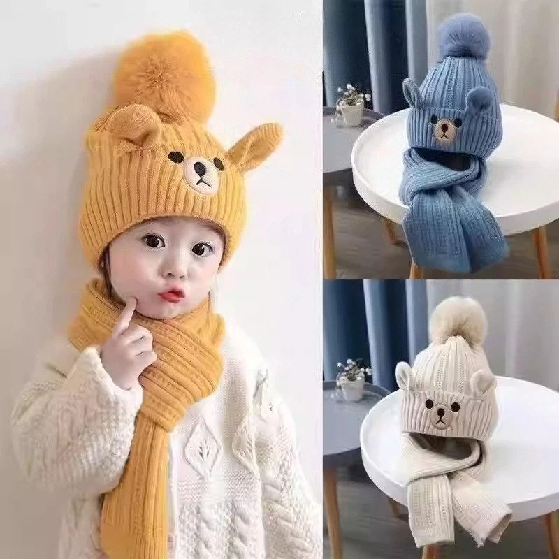 

Комплект из 2 зимних детских шапок и шарфов — вязаная шапочка на флисовой подкладке для мальчиков и девочек, аксессуары в корейском стиле для холодной погоды