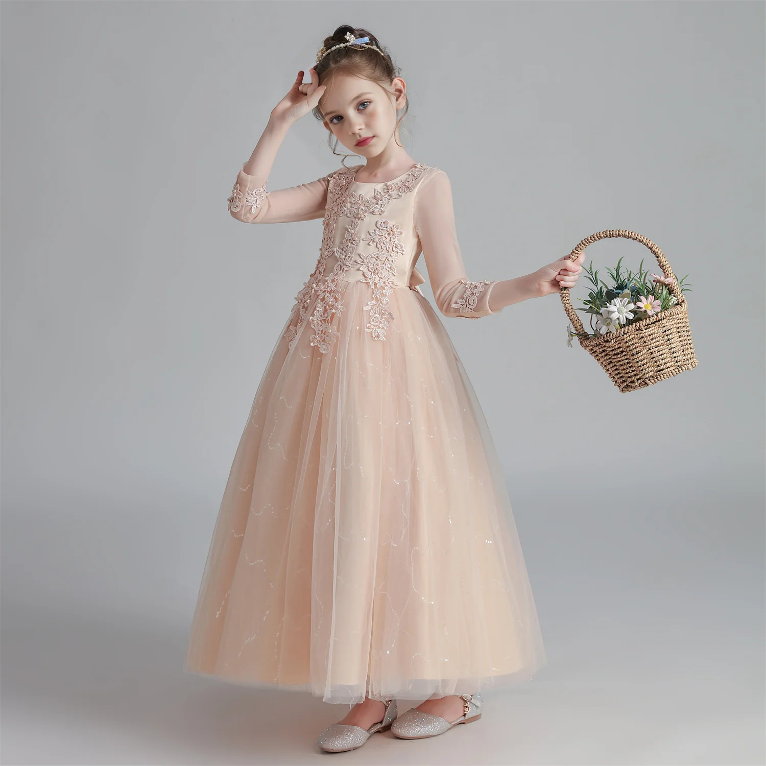 CW683 Princess Dress Girls' Pengpeng Yarn Spring/Summer New Long Sleeve Fashionable Children's Performance