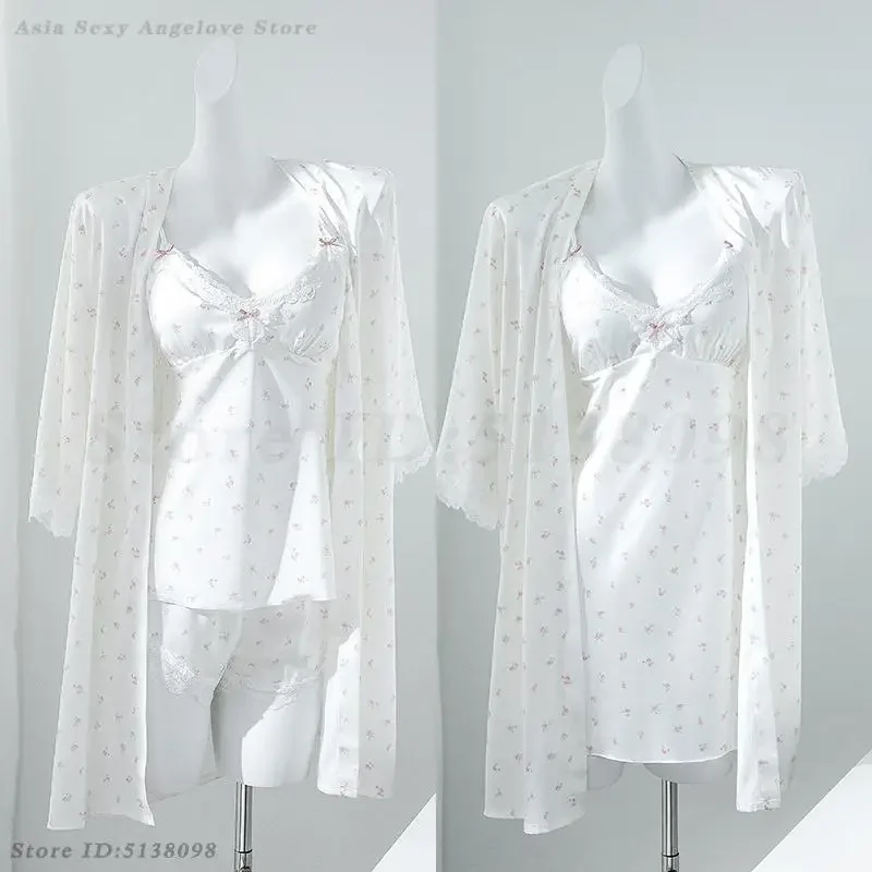 

Женский комплект халатов из 3 предметов, летняя ночная рубашка из ледяного шелка на подтяжках, майка с принтом и шорты, пижамный комплект, сексуальное женское белье, халат, кимоно