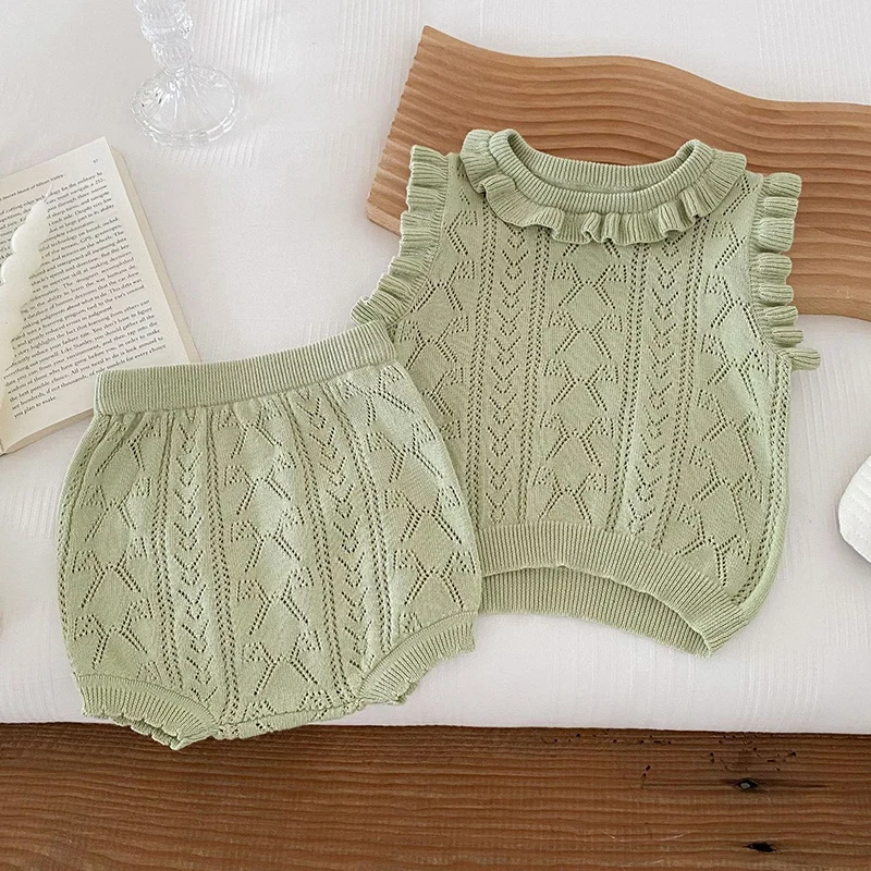 2024 neue Sommer Neugeborene Mädchen Kleidung Set ärmellose gestrickte ausgehöhlte Weste Shorts Kleinkind Baby Mädchen Kleidung Anzug