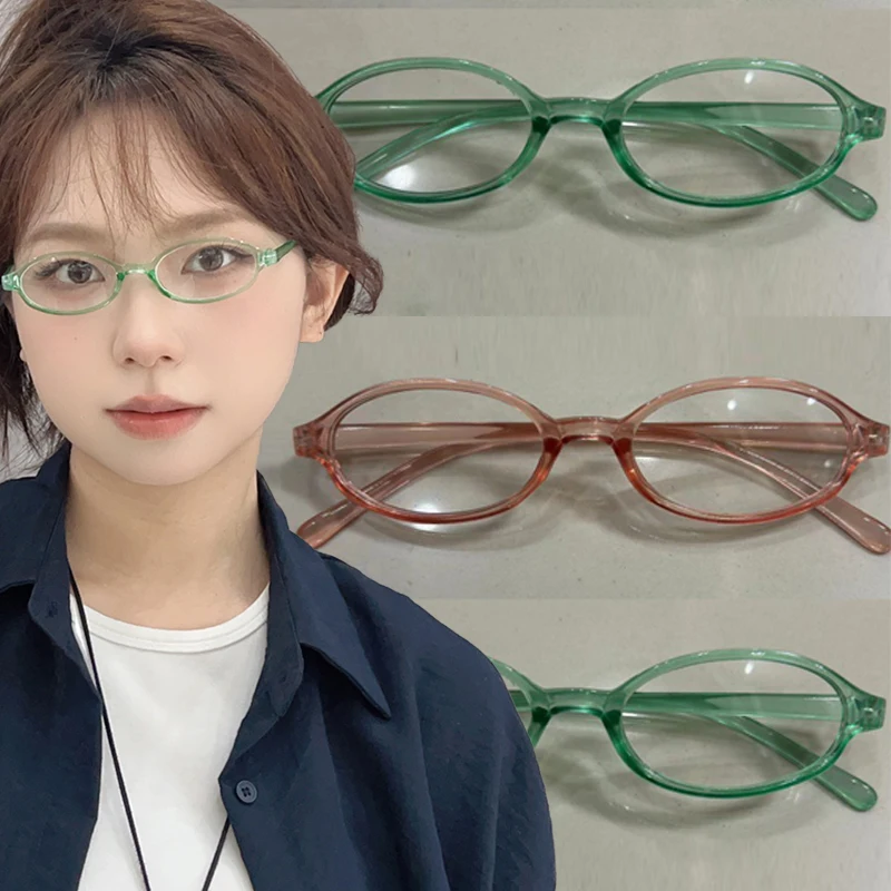 Retro Y2K Green Oval Glasses Women Girls Pink Frame Glass Eyewear Decorative Computer Anti-blue Eyeglasses with Seaside Driving