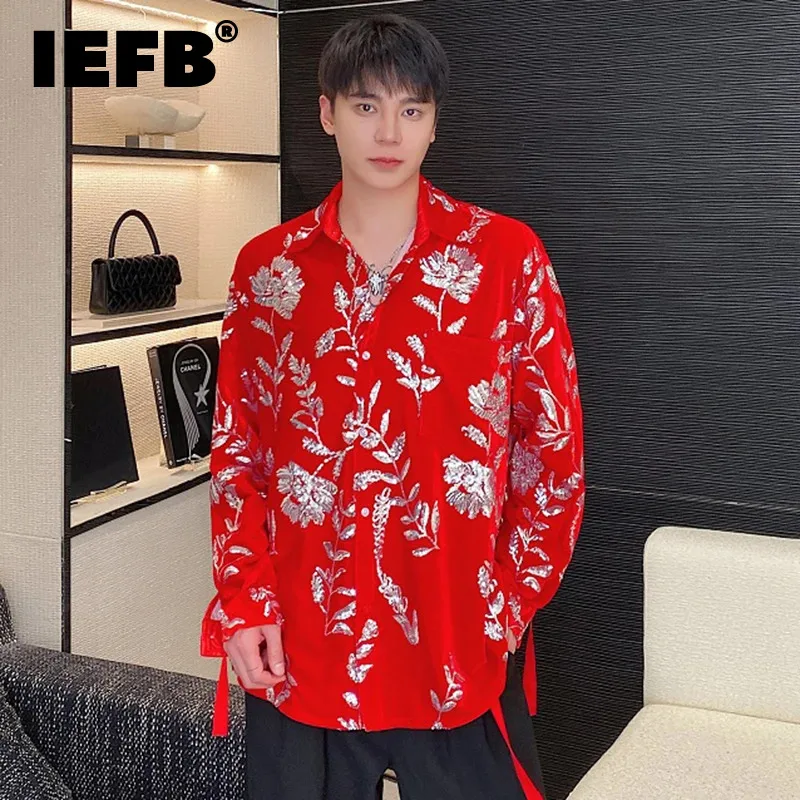 

IEFB Velour Male Shirts Personality Lace-up Sequin Embroidery Contrast Color Turn-Down Collar Men's Long Sleeve Tops Tide 9C4984