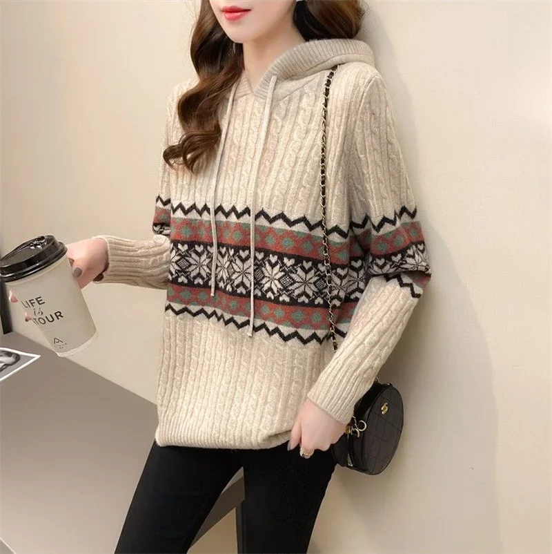 

2025 New Spring Autumn Clothing Ethnic Style With Hat Knitted Jacket Top Hoodie Female Retro Hooded Pullover Sweater For Women