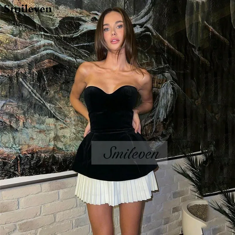 

Smileven Girls Black Mini Prom Party Dresses Sexy Sweetheart Evening Dresses Sexy Strapless Prom Gowns vestidos de novia