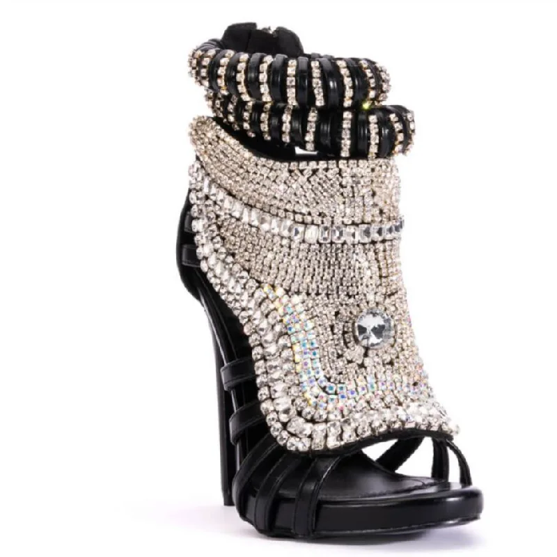 Glitter Crystal Stiletto Woman Bling Cover Heels Ankle Wrap Rhinestone Totem Design Peep Hollow Sandals Sexy Fashion Dress Shoes