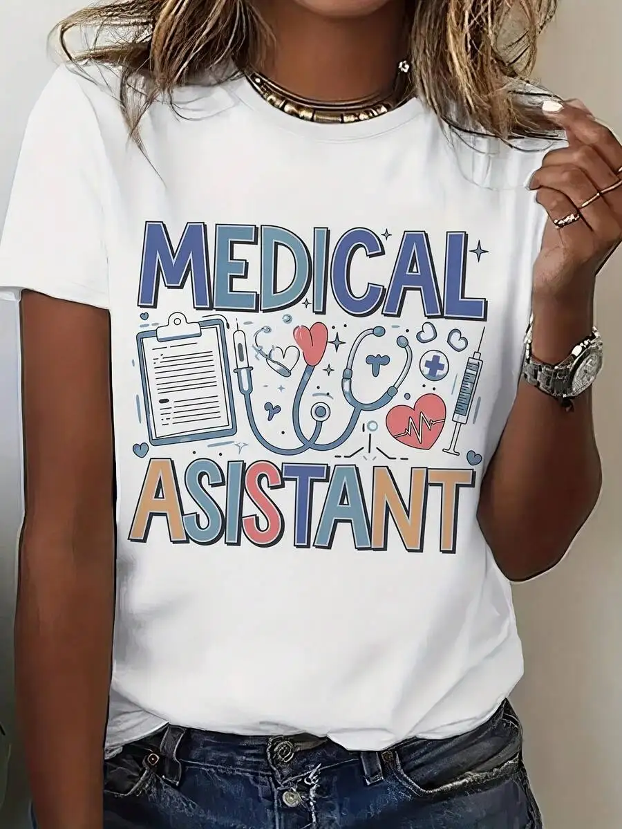 Women's Casual Healthcare Assistant T-Shirt, Crew Neck Short Sleeve Soft Stretchy Tee With Bold ASSISTANT Print, All-Season Daily & Work Outfit, Great Appreciation Gift For Medical Assistants